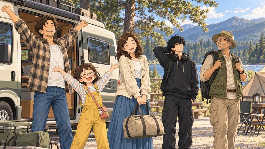 Illustration of the scene described by The family finally reached the campsite.