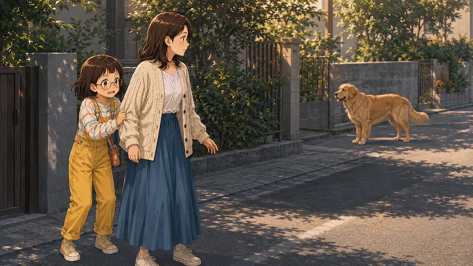 Illustration of the scene described by Mei is showing that she is afraid of the dog.