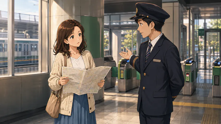 Illustration of the scene described by I do not know the way; could you help me?
