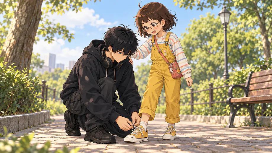 Illustration of the scene described by Ren ties Mei's shoelaces for her.