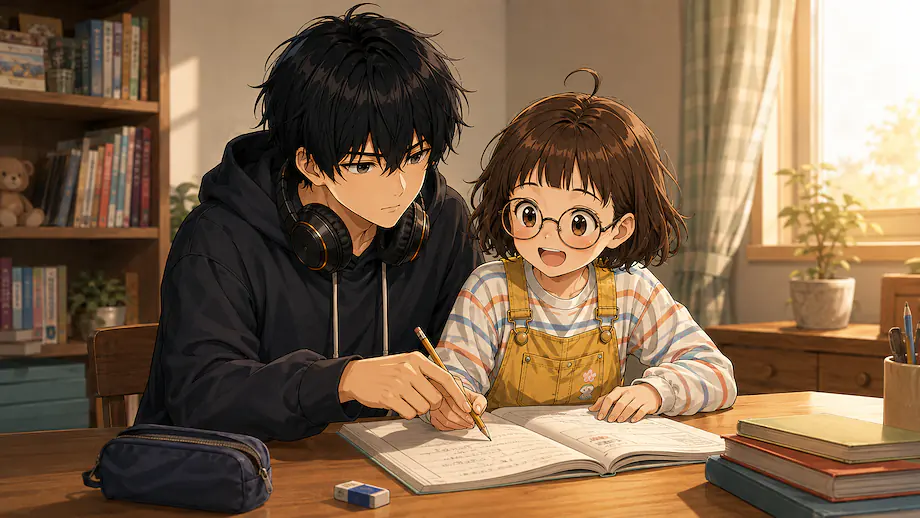 Illustration of the scene described by Mei got Ren to help her with her homework.