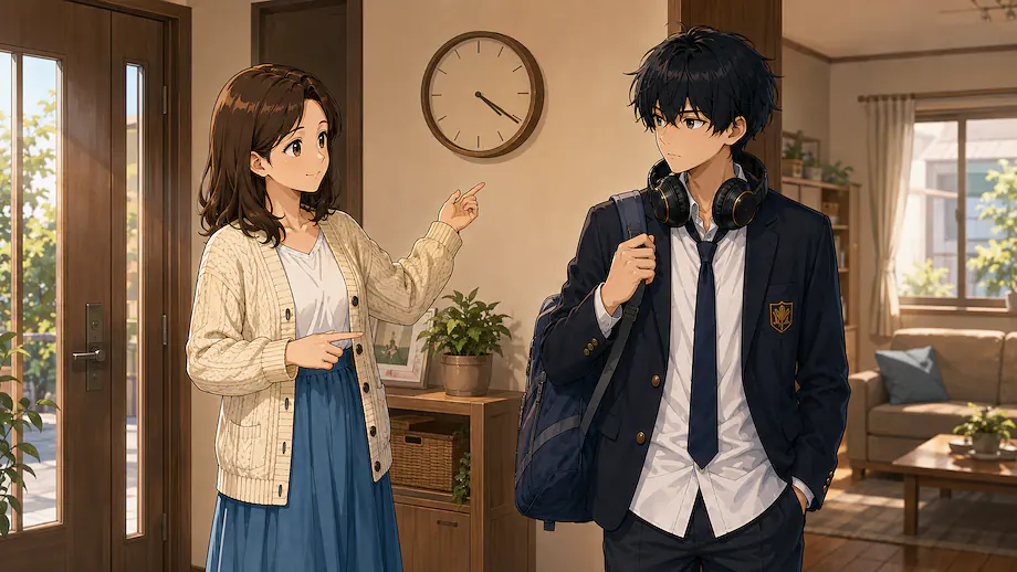Illustration of the scene described by My mother told Ren to come home early.