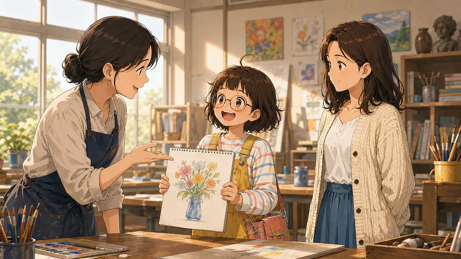 Illustration of the scene described by Mei was praised by her teacher.