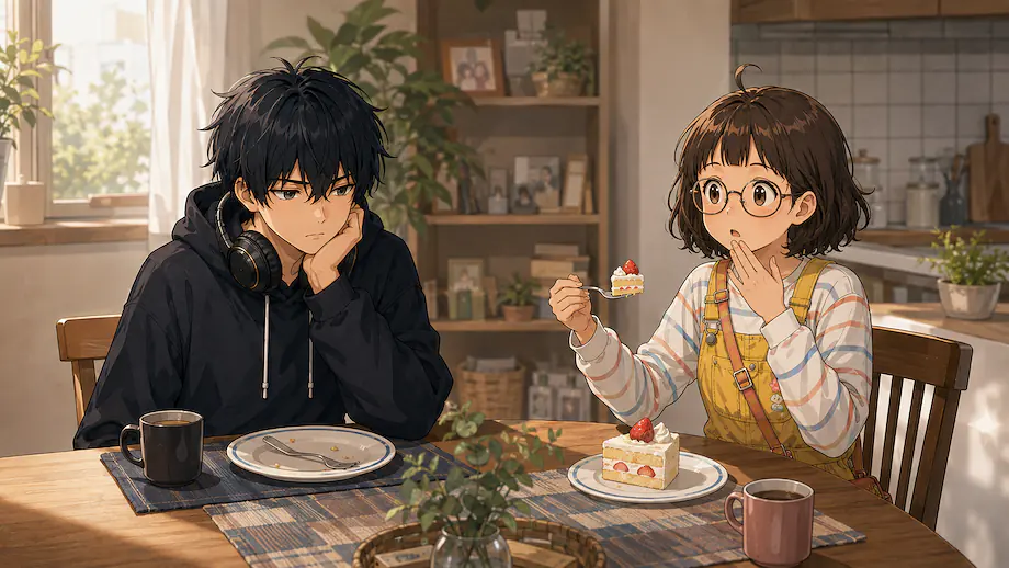 Illustration of the scene described by Mei ate Ren’s cake, to his dismay.