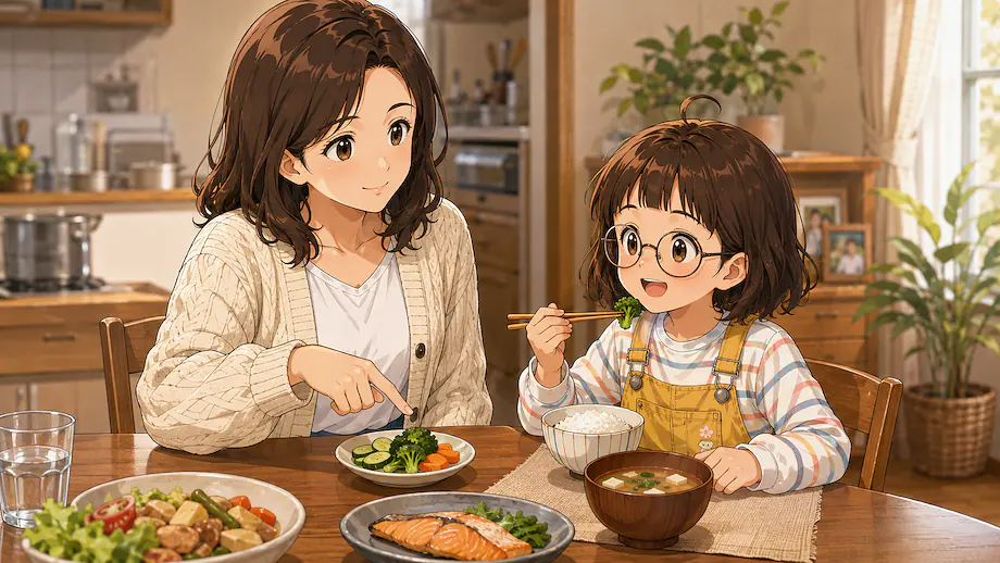 Illustration of the scene described by My mother has Mei eat vegetables.