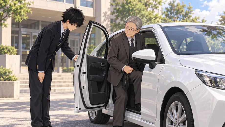 Illustration of the scene described by The teacher gets into the new car.