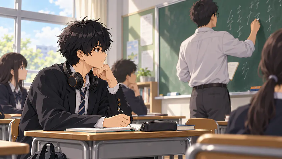 Illustration of the scene described by The teacher writes characters on the blackboard.
