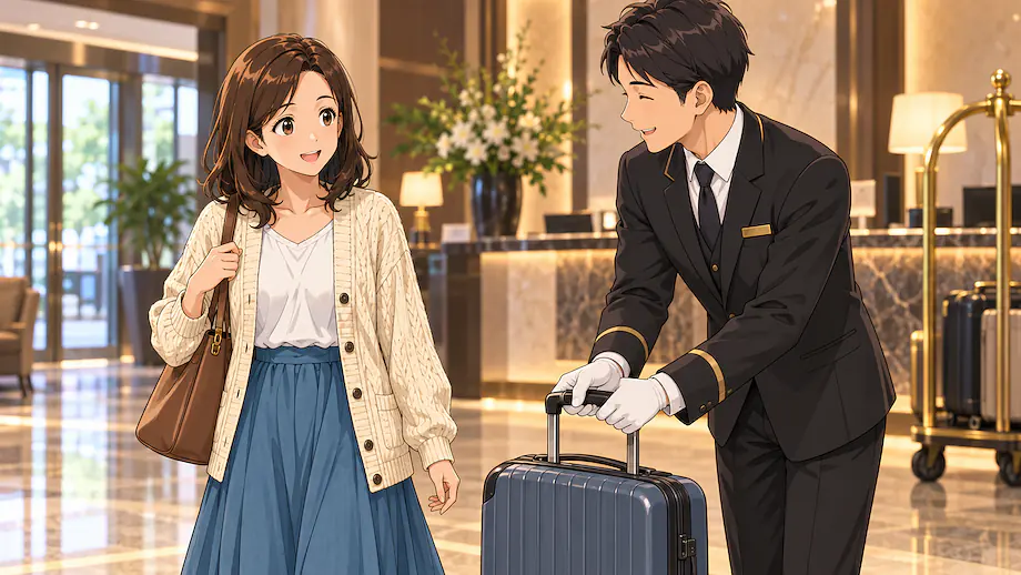 Illustration of the scene described by I will carry your luggage.