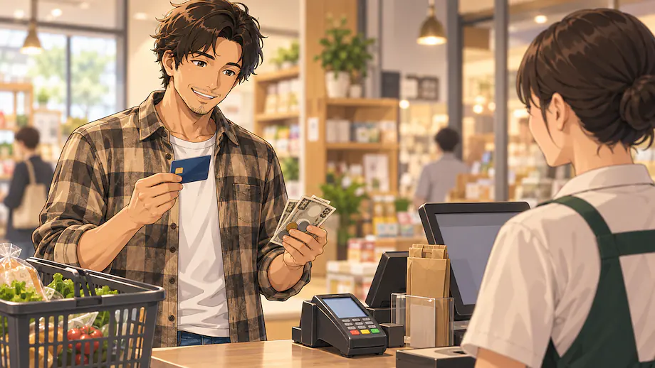 Illustration of the scene described by Please pay by cash or card.