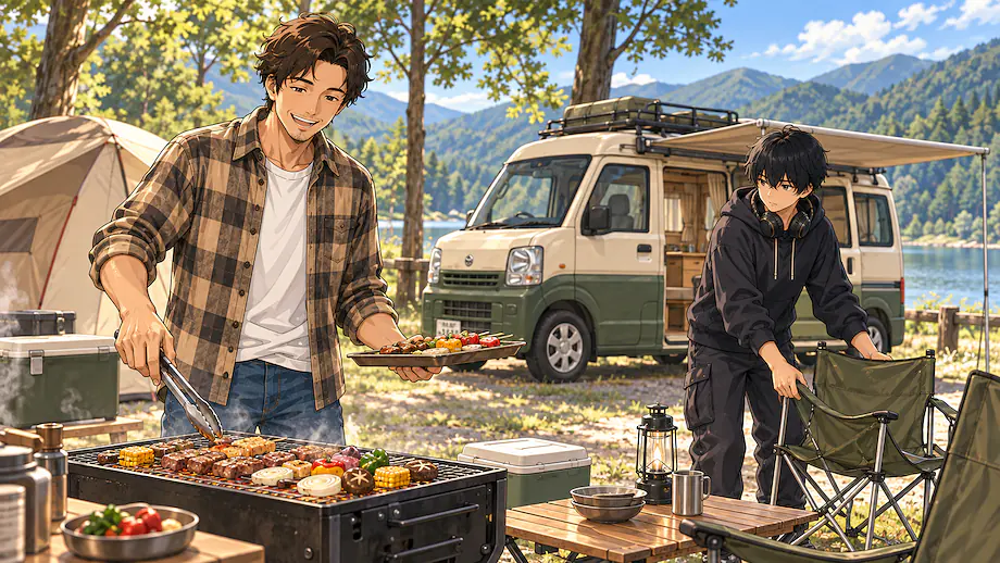 Illustration of the scene described by On holidays, we enjoy things such as camping and barbecues.