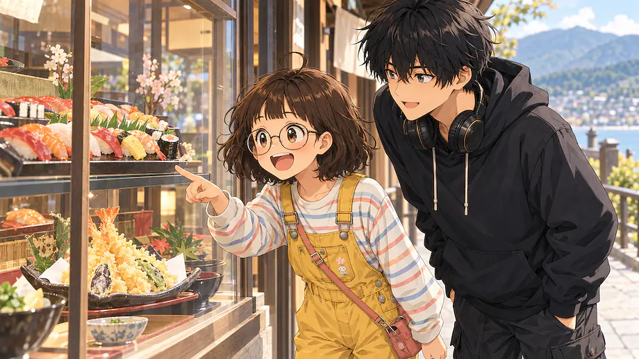 Illustration of the scene described by I like Japanese cuisine. For example, sushi and tempura.