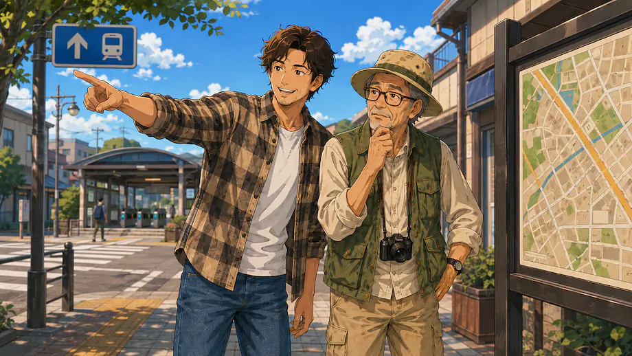 Illustration of the scene described by Where is the station?