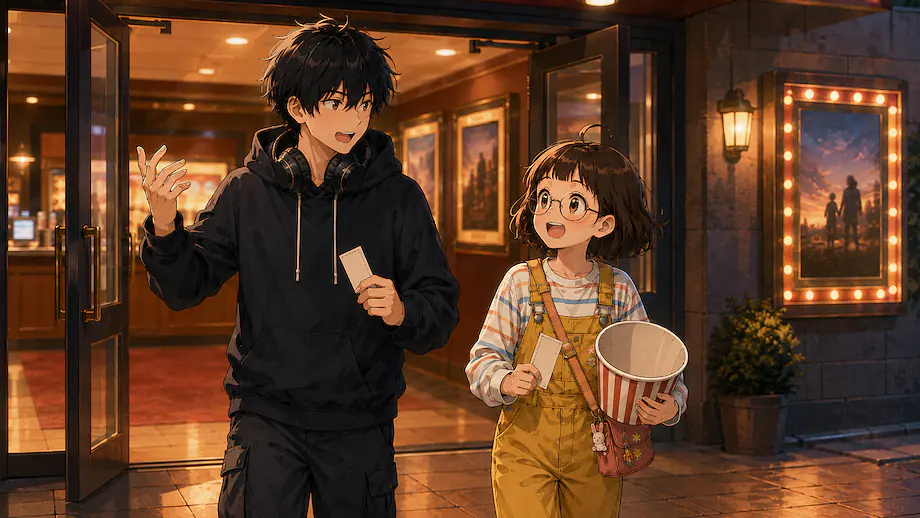 Illustration of the scene described by The movie was interesting.