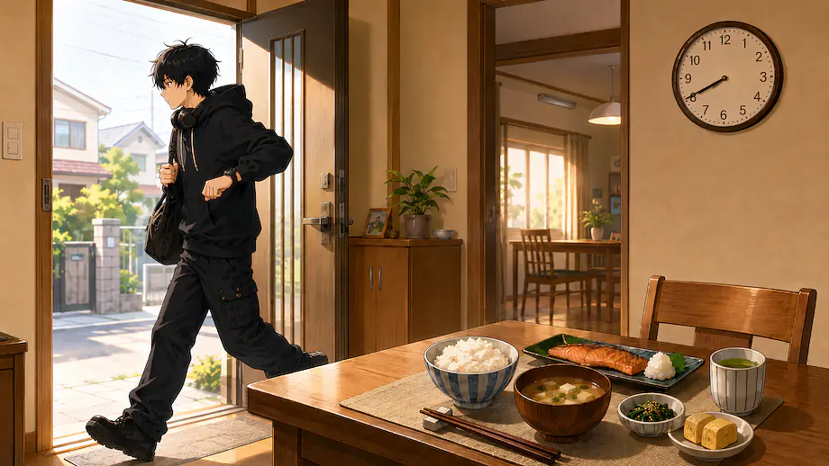 Illustration of the scene described by I didn’t eat breakfast.