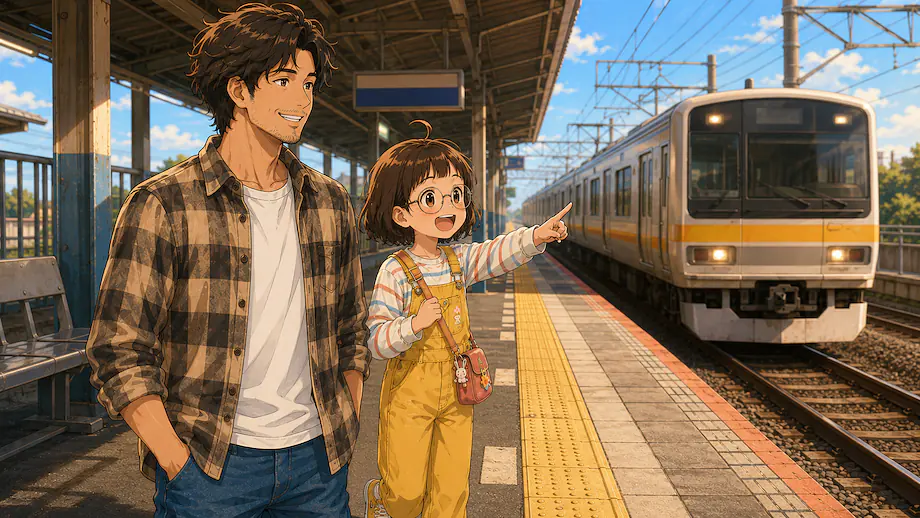 Illustration of the scene described by The train is coming.