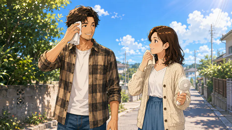 Illustration of the scene described by It’s hot today, isn’t it?