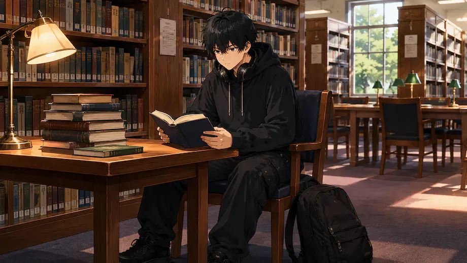 Illustration of the scene described by I read books at the library.