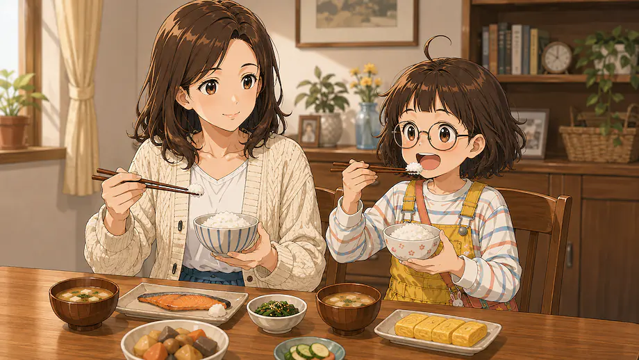 Illustration of the scene described by I eat rice with chopsticks.