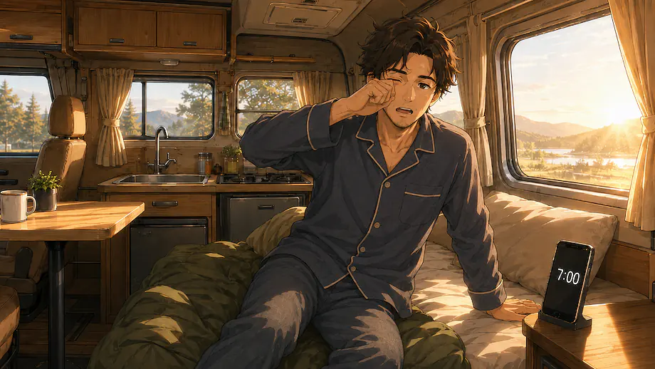 Illustration of the scene described by I get up at seven.