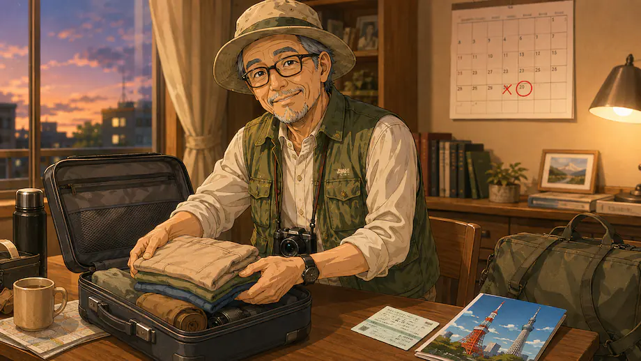 Illustration of the scene described by I’m going to Tokyo tomorrow.