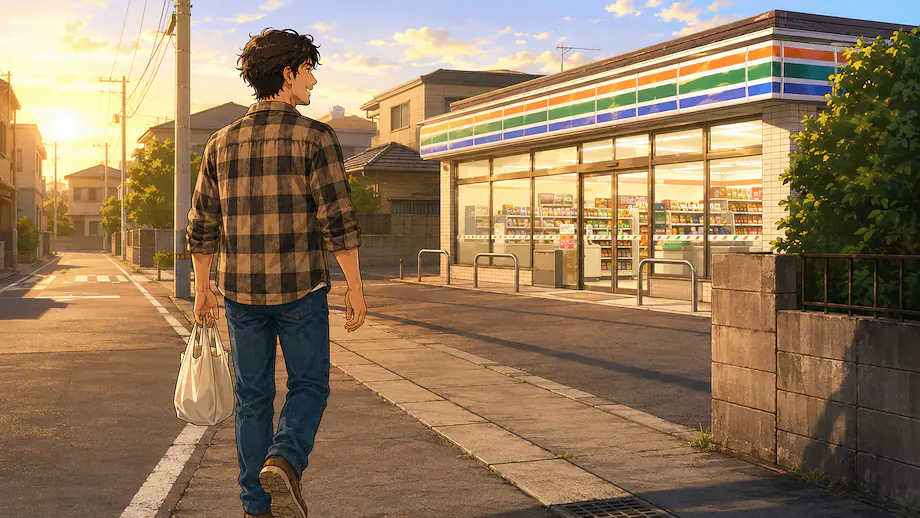 Illustration of the scene described by I’m going to the convenience store in the morning.