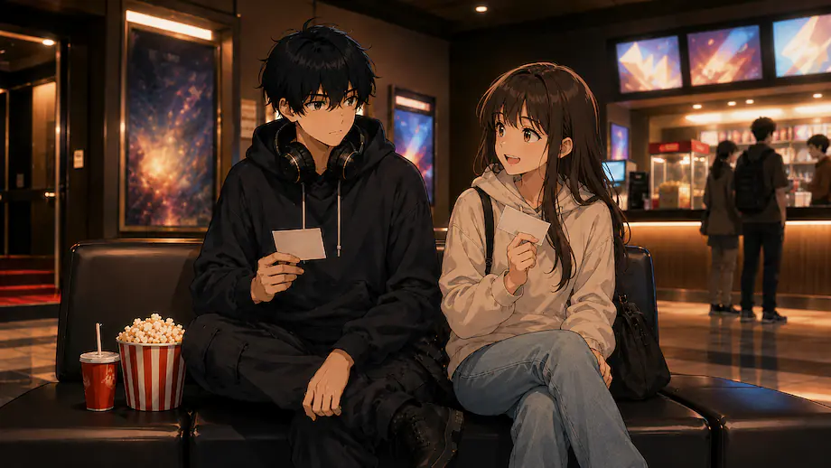 Illustration of the scene described by I watch a movie with a friend.