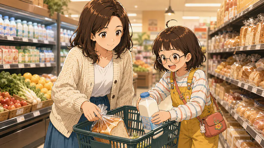 Illustration of the scene described by I’ll buy bread and milk.