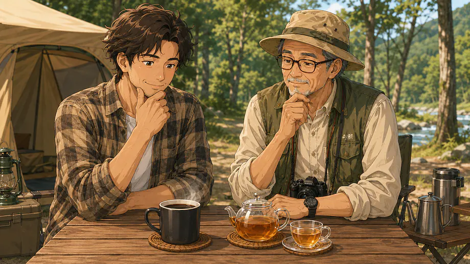 Illustration of the scene described by I’ll drink coffee or tea.