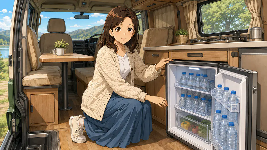 Illustration of the scene described by There is water in the refrigerator.