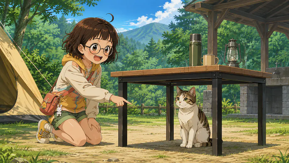 Illustration of the scene described by The cat is under the table.
