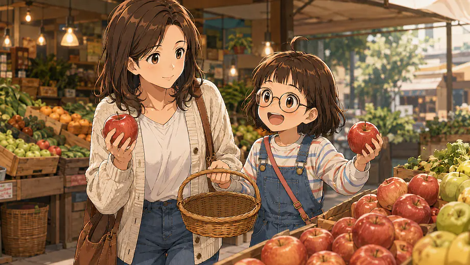 Illustration of the scene described by I’ll buy two apples.