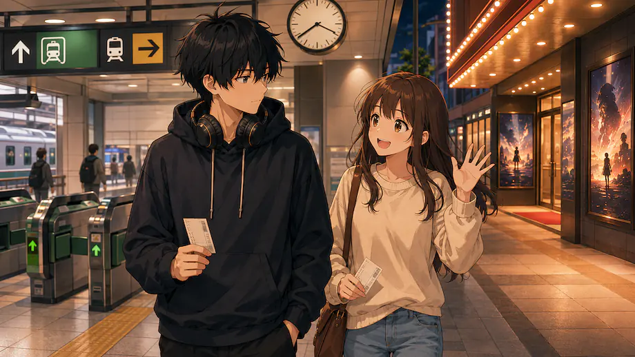 Illustration of the scene described by I meet a friend at the station and then watch a movie.