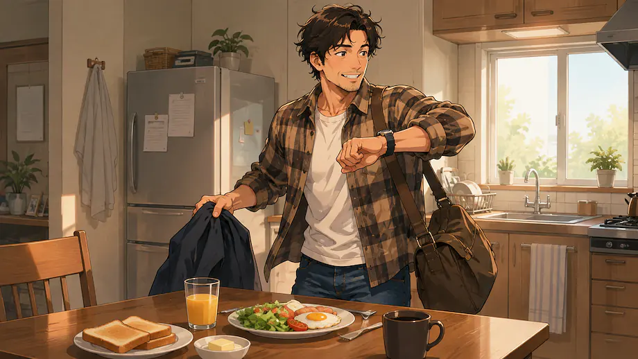Illustration of the scene described by I haven’t eaten breakfast yet.