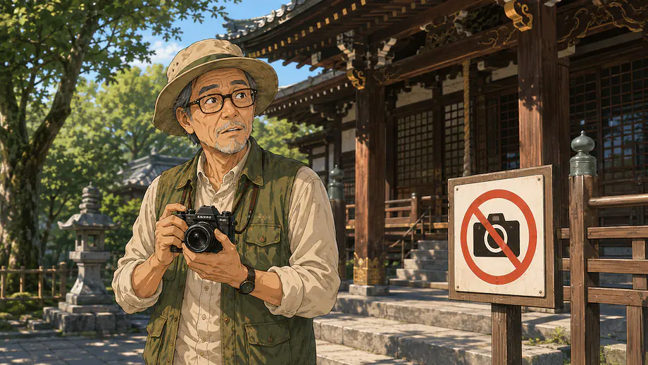 Illustration of the scene described by Please don’t take photos here.