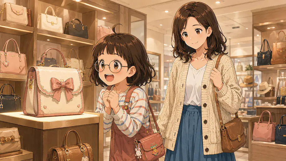 Illustration of the scene described by I want a new bag.