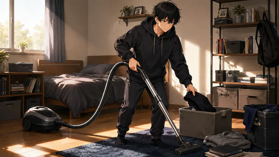 Illustration of the scene described by I clean my room on Sundays.