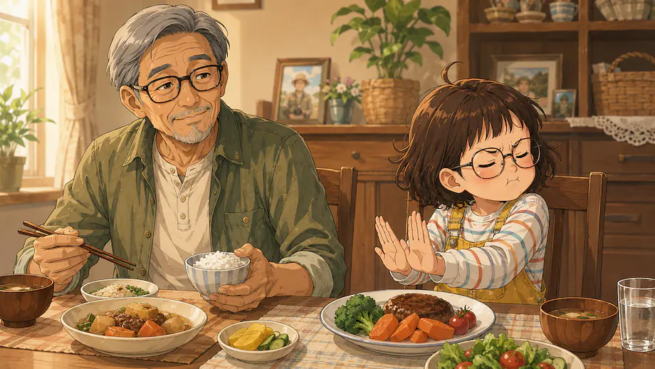 Illustration of the scene described by Mei does not eat carrots.