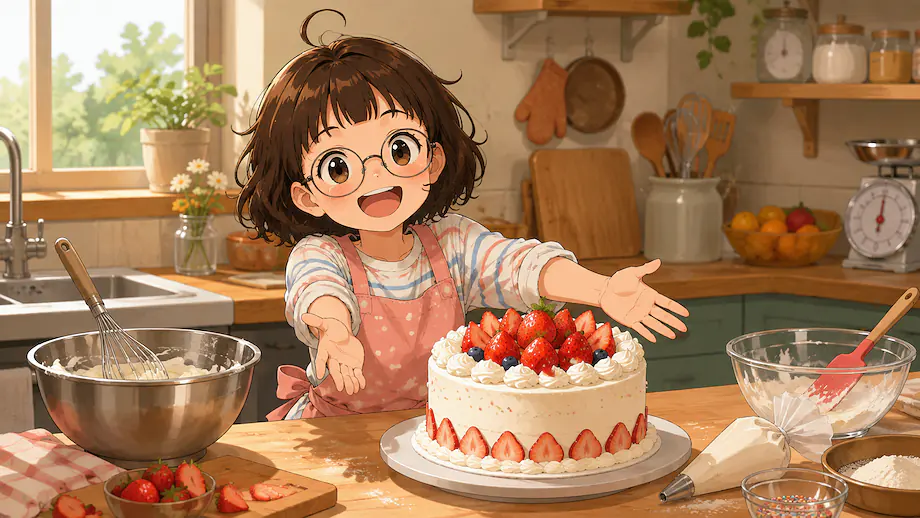 Illustration of the scene described by Mei made a cake.