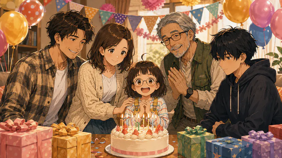 Illustration of the scene described by Today is Mei’s birthday.