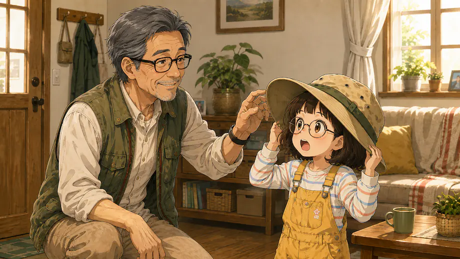 Illustration of the scene described by This wasn’t Mei’s hat. It was her grandfather’s.