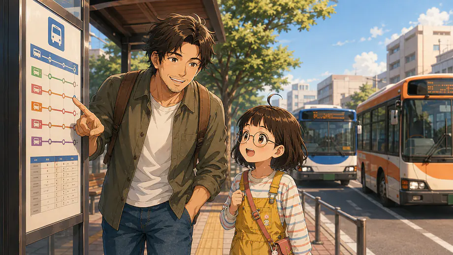 Illustration of the scene described by Which bus goes to the station?