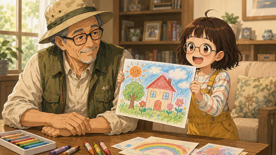 Illustration of the scene described by This is the picture Mei drew.