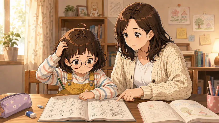 Illustration of the scene described by Mei is not good at writing kanji.