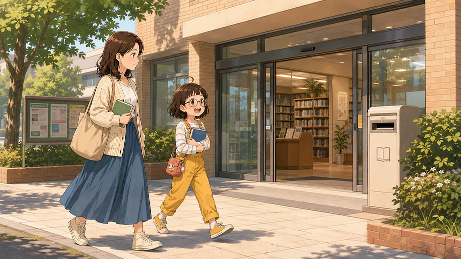 Illustration of the scene described by I’m going to the library to borrow a book.