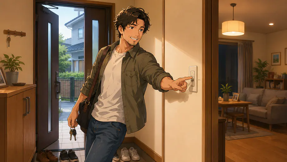 Illustration of the scene described by I turn off the lights when I leave home.