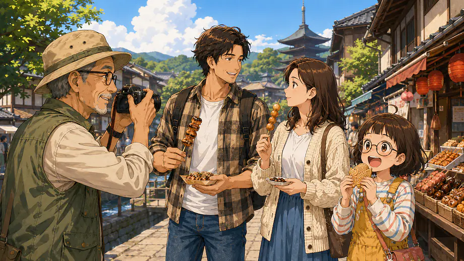 Illustration of the scene described by On my trip, I did things like take photos and eat good food.