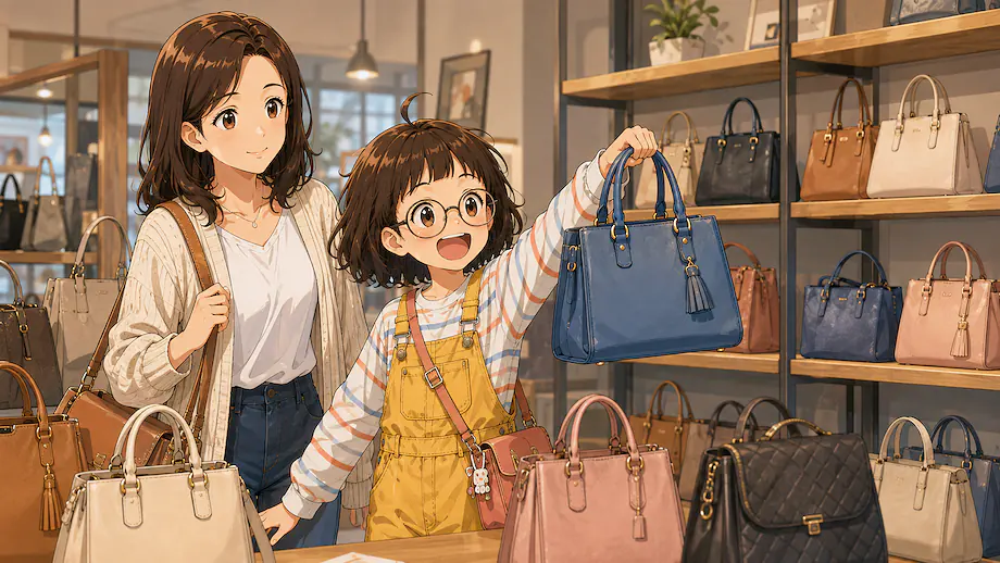 Illustration of the scene described by I’ll take this blue bag.