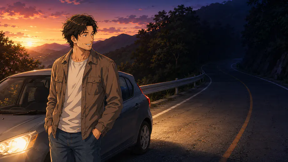 Illustration of the scene described by This road gets dark at night.
