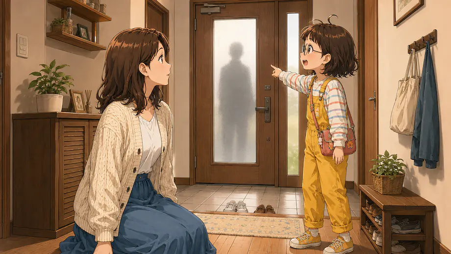 Illustration of the scene described by Someone is in front of the door.
