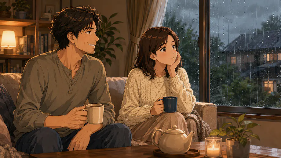 Illustration of the scene described by Because it’s raining, I’m staying home.